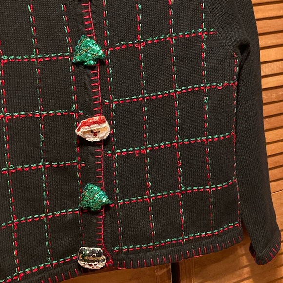 Vintage Lemon Grass Christmas Cardigan with Embellished Sequin Snowman & Santa - Picture 11 of 16